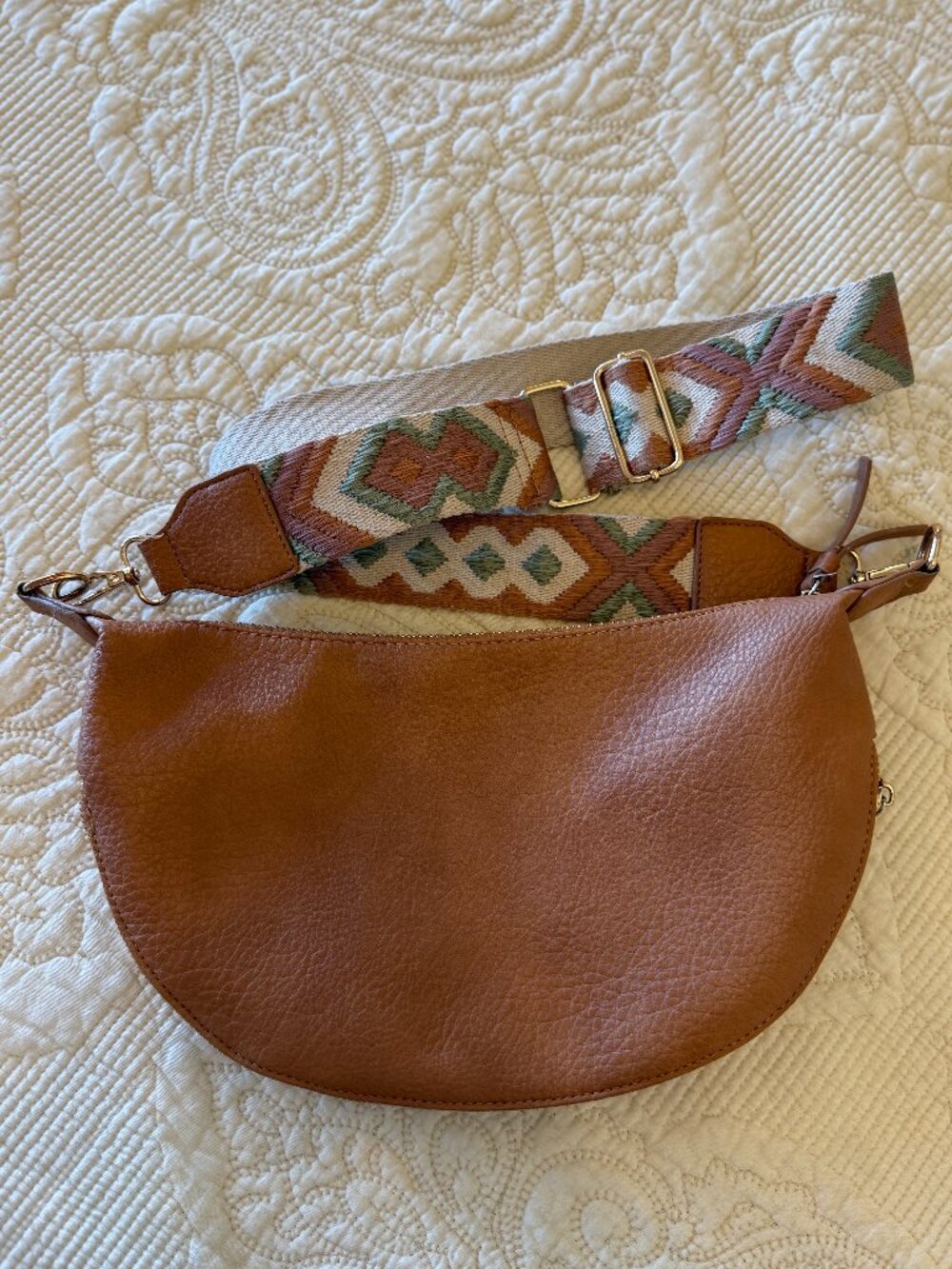 Tan vegan leather crescent crossbody bag with a patterned boho guitar strap - Picture 2 of 7